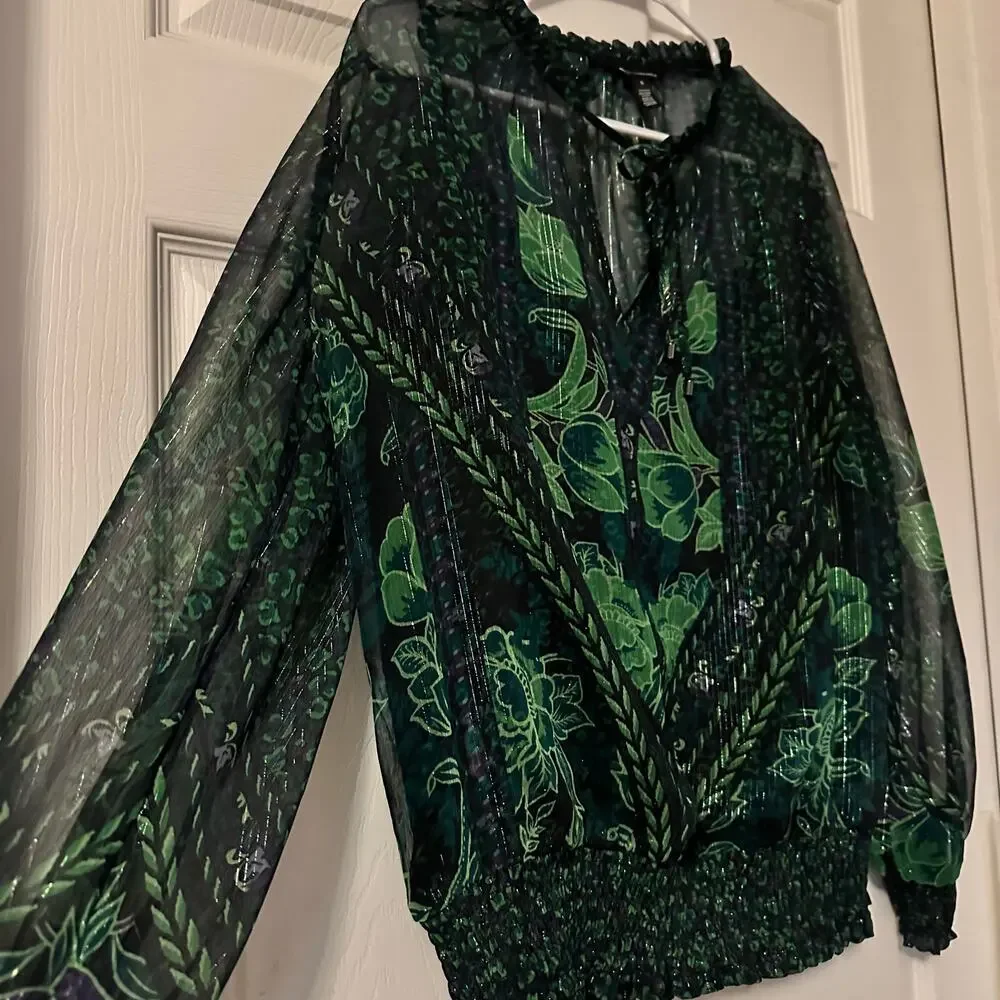 White House Black Market Women's Blouse Lurex Long Sleeve Print Blouse Size S - Picture 6 of 6